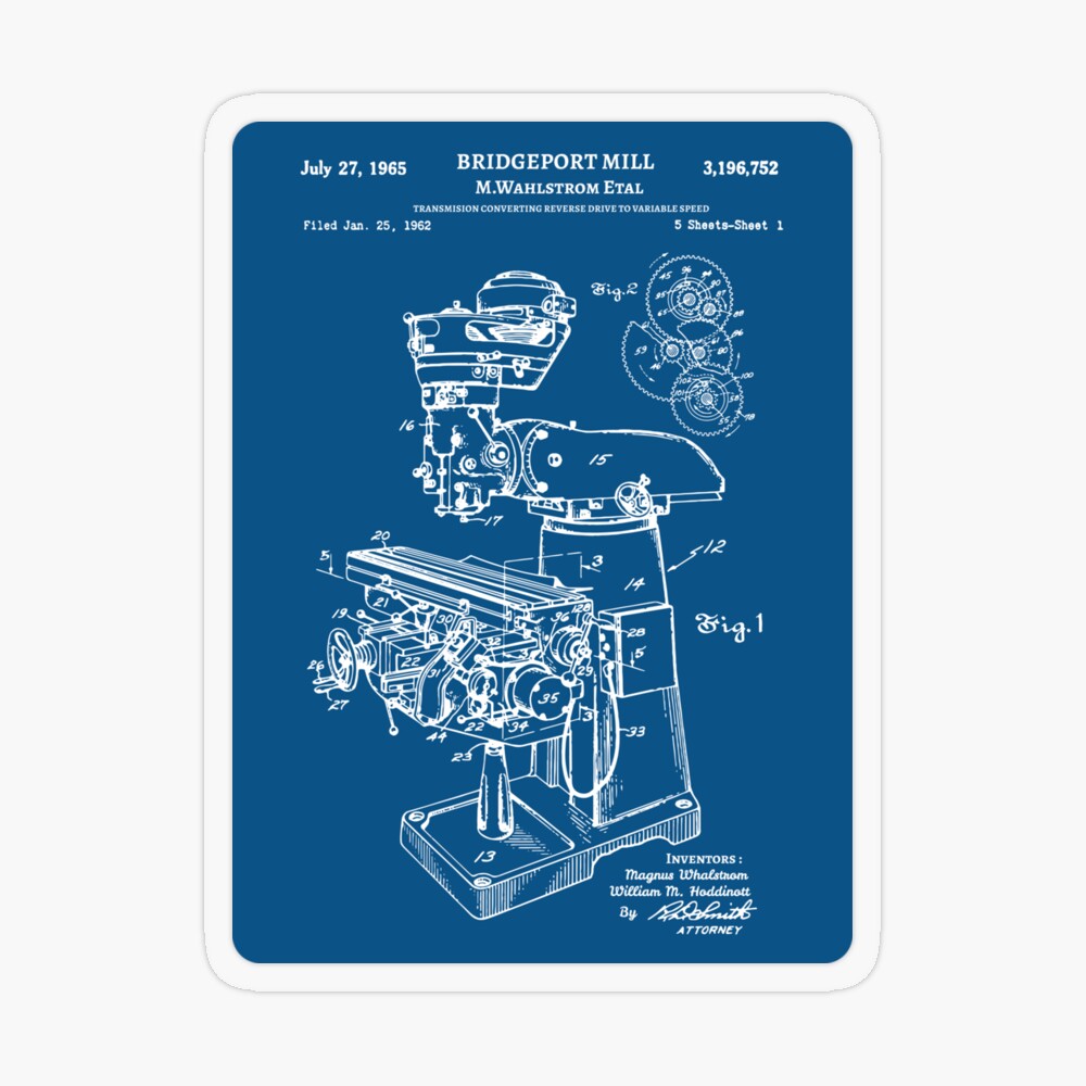 Bridgeport Mill top Patent Artwork, Laser Cut Patent, Bridgeport Blueprint, Bridgeprt Art