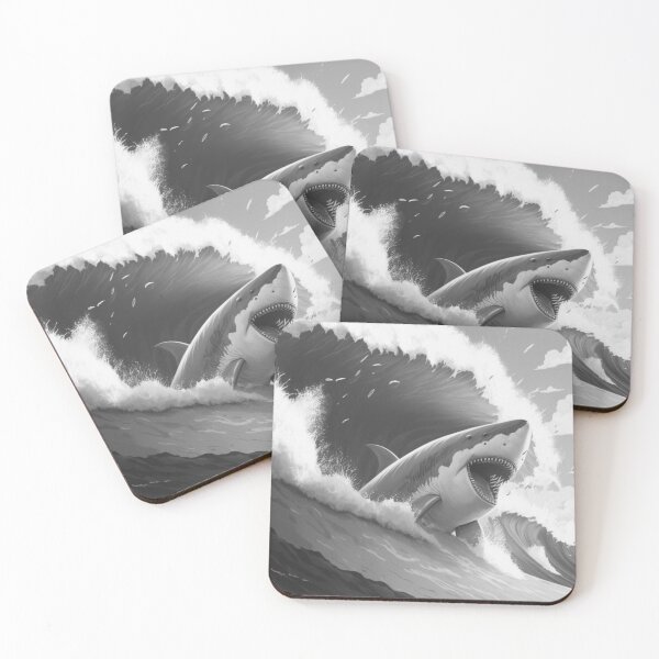 Item preview,  Great White Shark With Big Waves In The Ocean Black And White Anime Cartoon T-Shirt Wall Art designed and sold by mahdi ⭐⭐⭐⭐⭐.