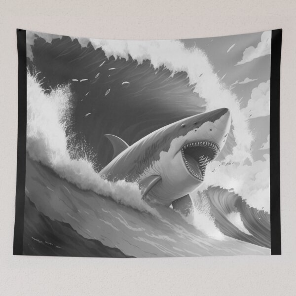 Item preview,  Great White Shark With Big Waves In The Ocean Black And White Anime Cartoon T-Shirt Wall Art designed and sold by mahdi ⭐⭐⭐⭐⭐.