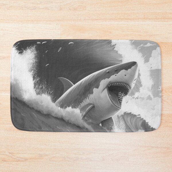 Item preview,  Great White Shark With Big Waves In The Ocean Black And White Anime Cartoon T-Shirt Wall Art designed and sold by mahdi ⭐⭐⭐⭐⭐.