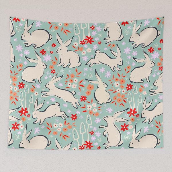 Item preview, Whimsical Spring Easter Rabbits in Nature 1. Teal with red and ivory accents  designed and sold by Dominiquevari.