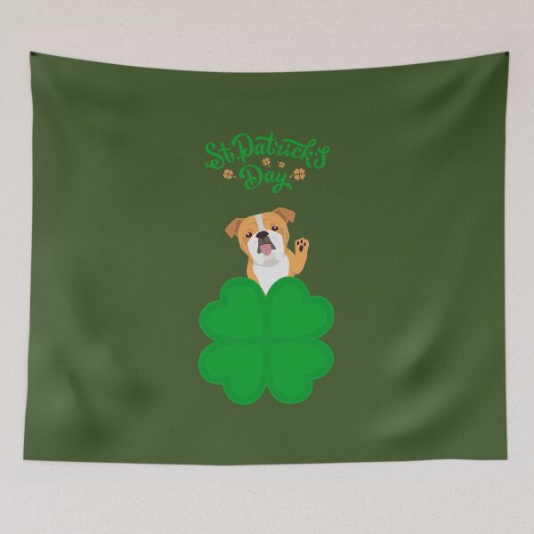 Item preview, English Bulldog Dog behind Cloverleaf with St. Patrick's Day Sign designed and sold by SeasonalDogs.