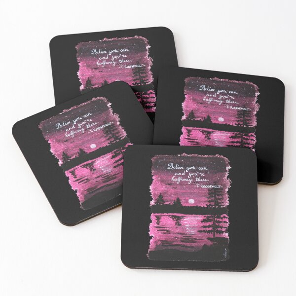 Item preview, Quote Card #12 - Believe you can and you're halfway there. - Theodore Roosevelt quote with pink sunset illustration designed and sold by WordsOf--Wisdom.