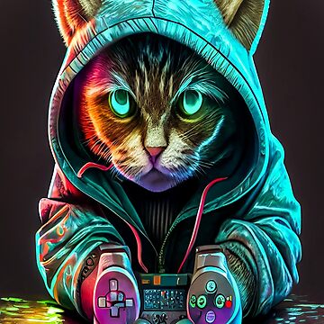 Cool gaming cat in hoodie with controller animation design in neon look Poster by Wildchagapicker Redbubble