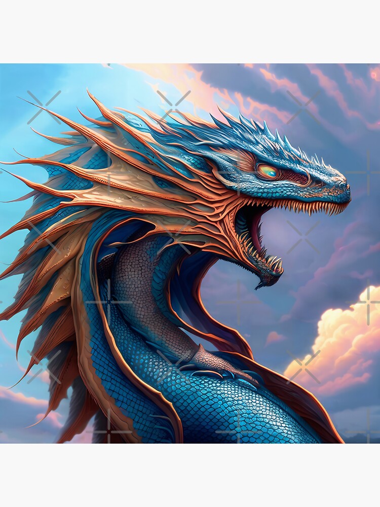 Thumbnail 3 of 3, Sticker, Intricate Blue and Orange Finned Dragon designed and sold by dragynrain.