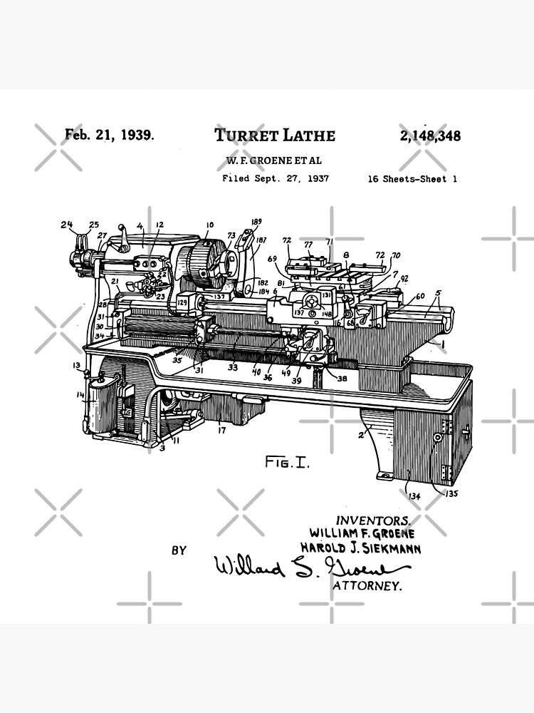 Disover Lathe Patent 1939 Vintage Blueprint Machine Tool Inventions Premium Matte Vertical Poster