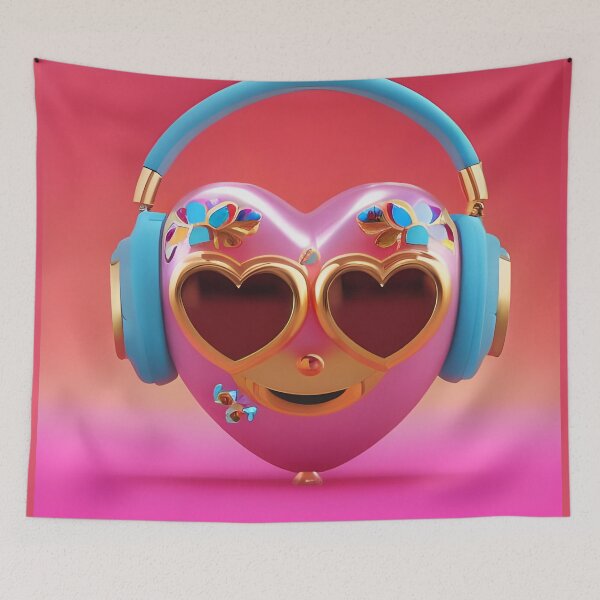 Artikelvorschau, Rosa Disco-Herz in blauen Kopfhörern. Valentinstag entworfen und verkauft von Olga Nagornaya.