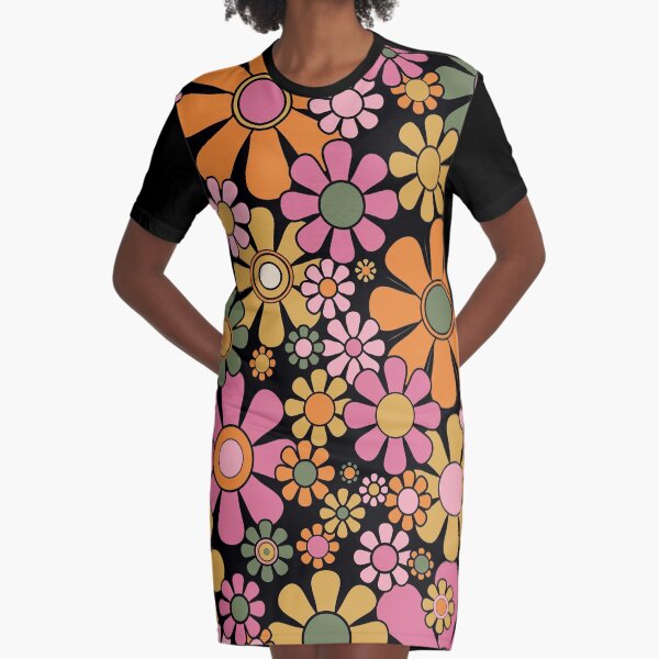 Item preview, Retro Garden Flowers Groovy 60s 70s Floral Pattern Thulian Pink Orange Mustard Green Black on Black designed and sold by kierkegaard.