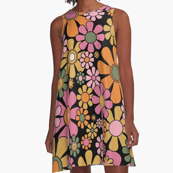 Item preview, Retro Garden Flowers Groovy 60s 70s Floral Pattern Thulian Pink Orange Mustard Green Black on Black designed and sold by kierkegaard.