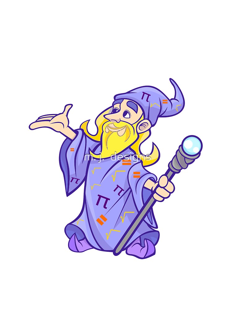 Math Wizard Wearing Math Symbols With Blond Beard Holding Scepter- on White  Background