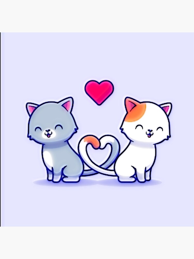 Lovely couple of cats and heart hand drawn style, Cute cartoon