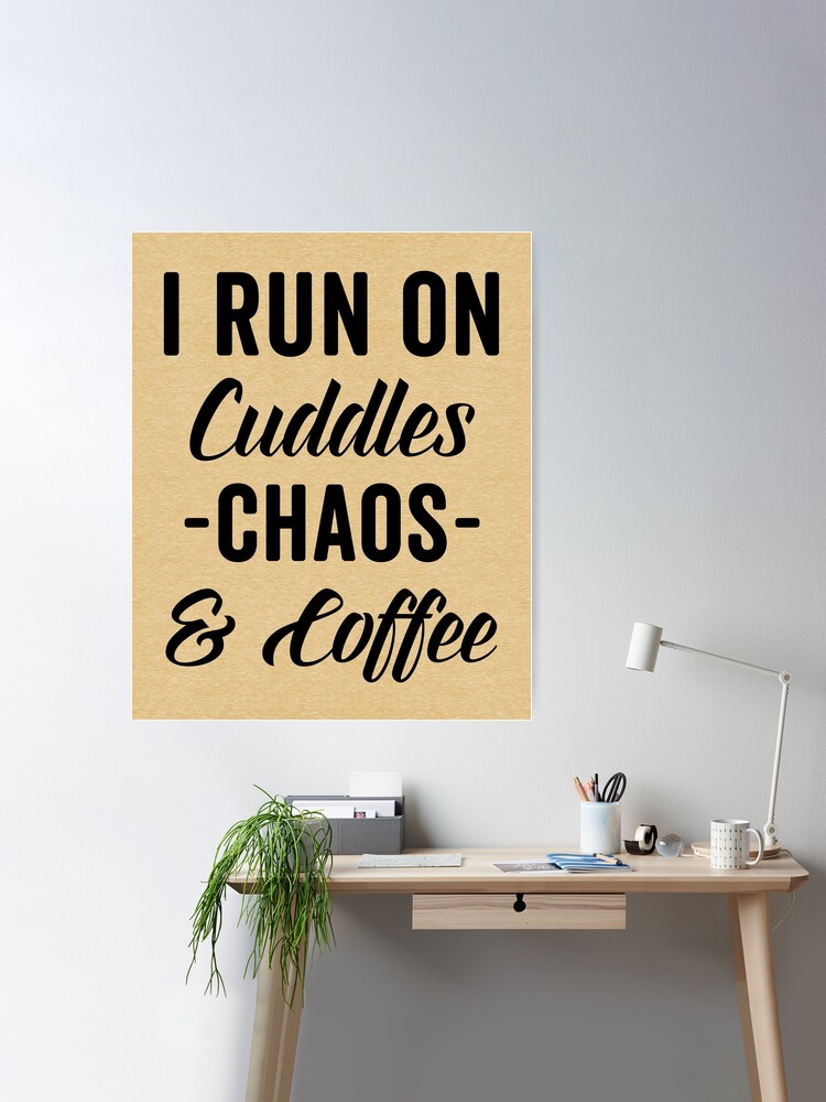 Cuddles, Chaos & Coffee Funny Quote Throw Pillow by EnvyArt