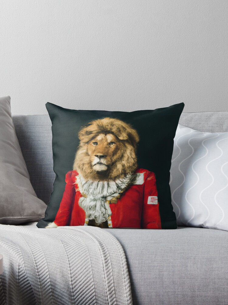 Vintage Oil Painting of A Royal Lion in Red Clothes and Black Background |  Throw Pillow