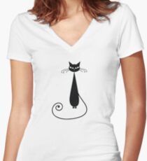 Black cat silhouette Women's Fitted V-Neck T-Shirt