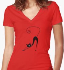 Black cat silhouette Women's Fitted V-Neck T-Shirt