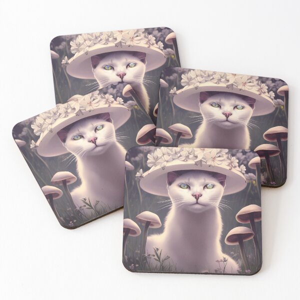 Item preview, White Cat Under a Floral Mushroom | White cat with green eyes | Digital art Sticker designed and sold by withdiamonds.