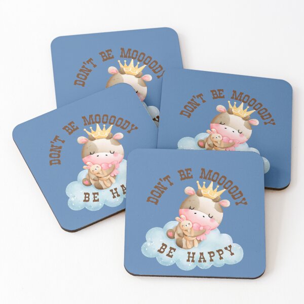 Item preview, Don't Be Moody Cow Be Happy Gold Crown Pink Cow and Bunny Design design on a cloud designed and sold by tranquilbeach.