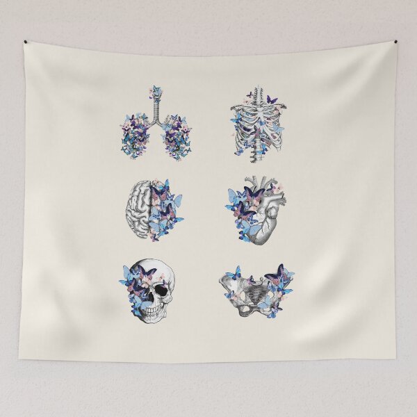 Item preview, Anatomy collection, Blue butterflies with Human anatomy, parts of human anatomy, heart, brain, lungs, rib cage, pelvis, skull designed and sold by Collagedream.