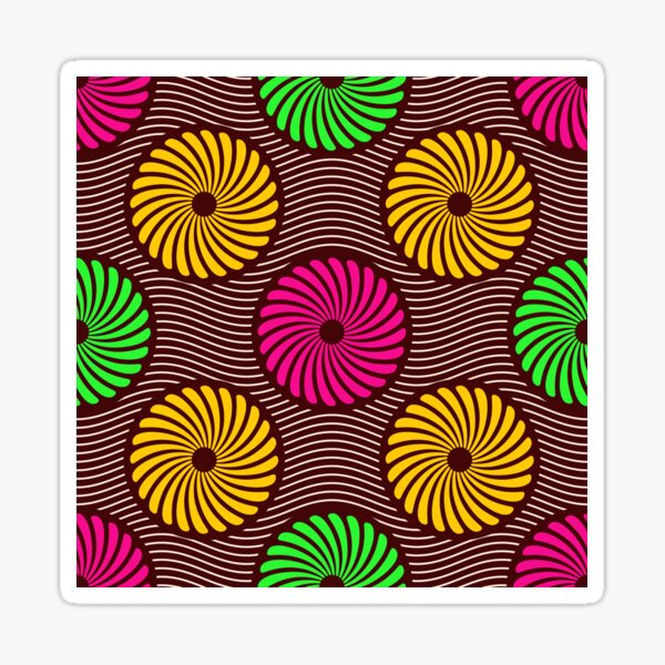 African Print Yellow, Red and Green Concentric Flowers on Wavy Brown and White Sticker