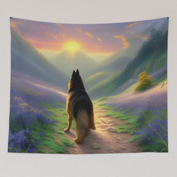 Item preview, A stunning scenary with German Shepherd stood in mountains. Flowers and Dogs and mountains.  designed and sold by Doggymadness.