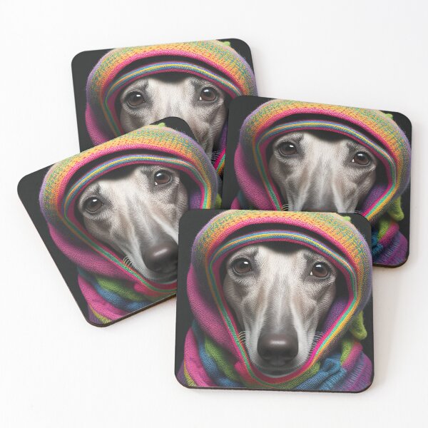 Item preview, Whippet wearing knitted rainbow hood  designed and sold by RK - Shop.