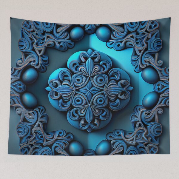 Item preview, Surreal Three Dimensional Blue Traditional Pattern Digital Painting designed and sold by CodeAndColors.