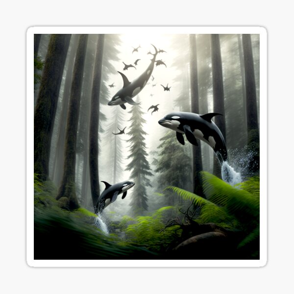 Orca whales floating in a forest Sticker