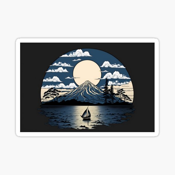 Fusing Horizons: A Pop Art Deco of Mount Fuji and the Moon Sticker