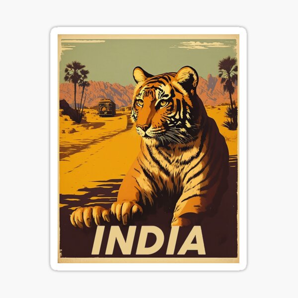 Vista previa del artículo con la obra «Póster de viaje vintage con tigre de la India», diseñado y vendido por OldTravelArt.