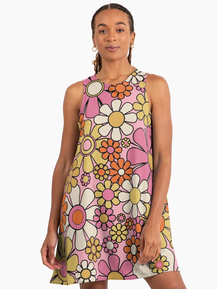 Retro Garden Flowers Groovy 60s 70s Floral Pattern Pretty Pink Orange Mustard Yellow Cream Black 1960s A-Line Dress Retro Garden Flowers Groovy 60s 70s Floral Pattern Pretty Pink Orange Mustard Yellow Cream Black 1960s A-Line Dress