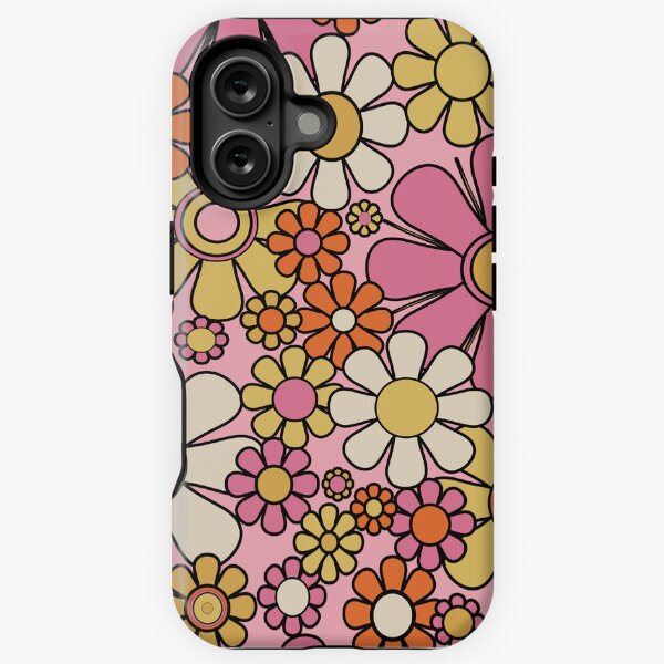 Aperçu de l'œuvre Fleurs de jardin rétro Groovy 60s 70s Floral Pattern 2 Jolie Rose Orange Moutarde Jaune Crème Noir créée et vendue par kierkegaard.