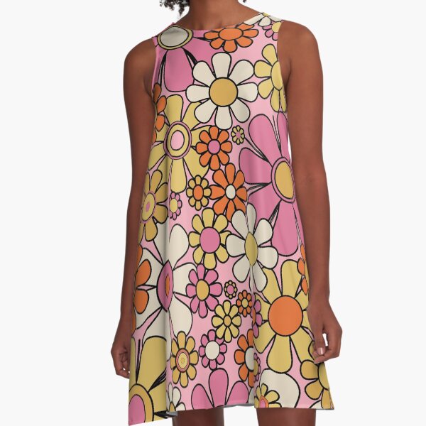 Item preview, Retro Garden Flowers Groovy 60s 70s Floral Pattern 2 Pretty Pink Orange Mustard Yellow Cream Black designed and sold by kierkegaard.