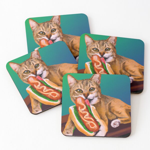 Item preview, cat eating hotdog designed and sold by TakePartArt.