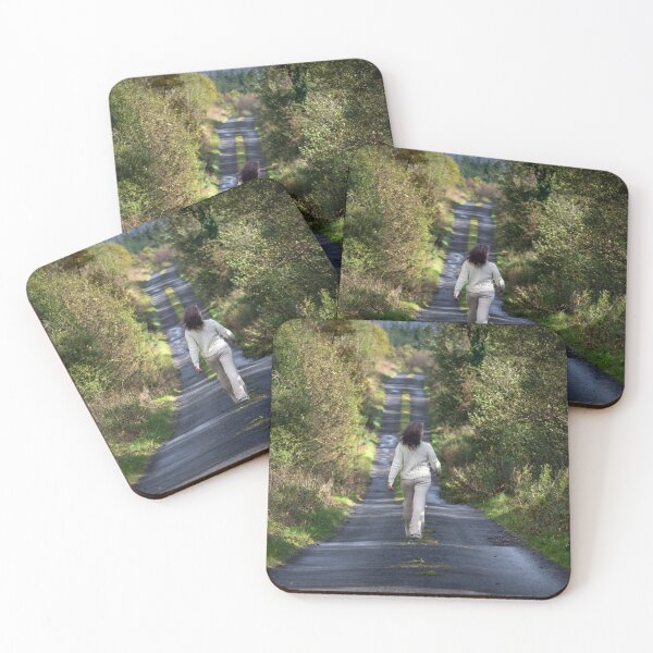 Item preview, A charming woman with dark curly hair, wearing a white outfit, walking along an autumn forest path designed and sold by AlbertMi.
