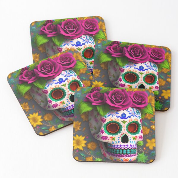 Item preview, Una calavera decorada al estilo mexicano, rodeada por flores multicolores y hojas naranjas designed and sold by IceCreamSmile.
