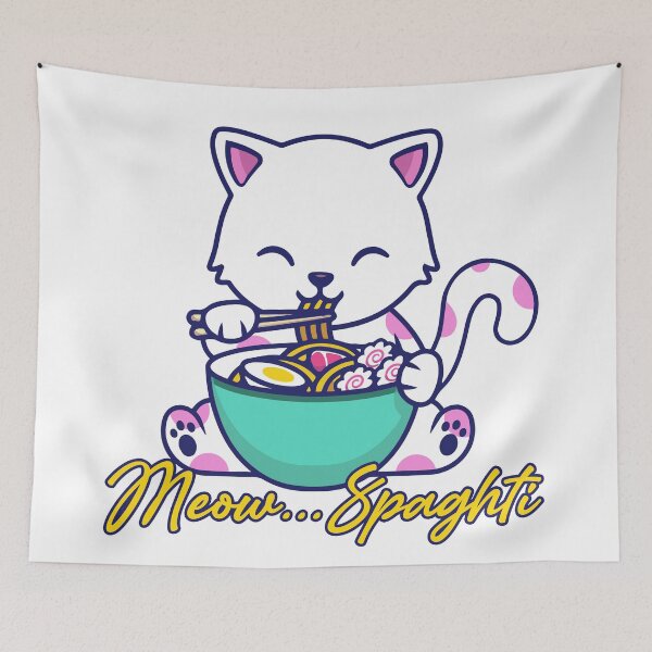 Aperçu de l'œuvre Chat mignon mangeant des spaghettis - Cat Design créée et vendue par K-Klub.