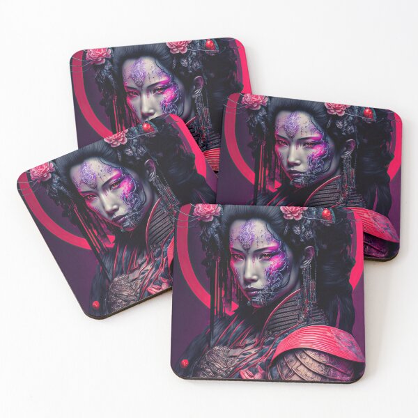 Item preview, Neon Cyber Geisha Warrior - Colorful Digital Portrait Painting - AI Artwork designed and sold by BRaiNDEDprints.