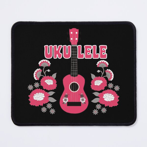 Item preview, Ukulele with flowers in pink - black background with writing designed and sold by piesdesignart.