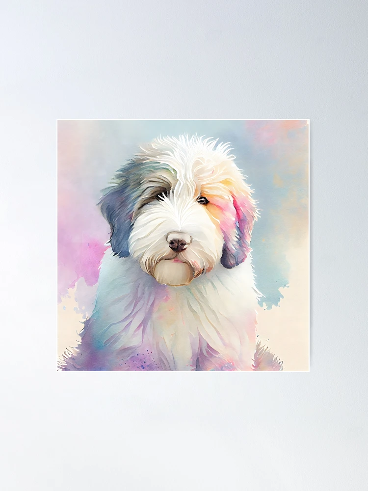 Uma pintura de um velho cão pastor inglês com uma cabeça colorida de  arco-íris