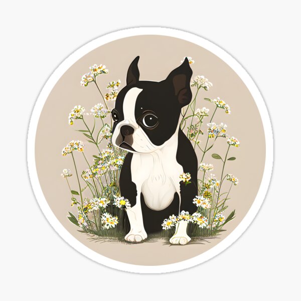 Item preview, Boston Terrier cute puppy in flowers designed and sold by salarkoshop.