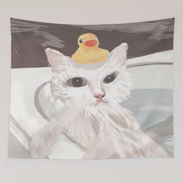 Item preview, White Kitty with Duck in Bath designed and sold by LisWilliams.