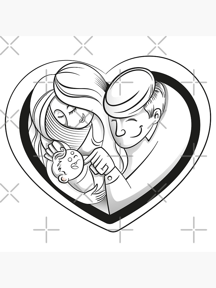Illustration family love and a heart, Mom, Dad and baby forming a heart.  Black and White. Ideal for promotional and institutional materials