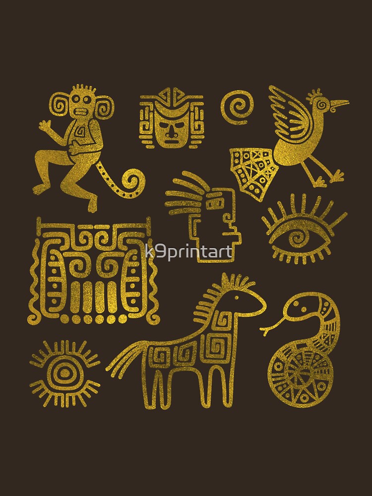 "Aztec ancient animal gold symbols on teal " T-shirt by ...