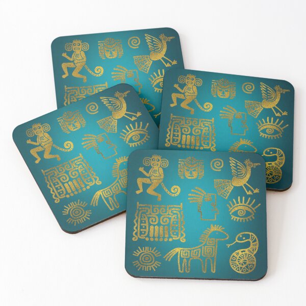 Item preview, Aztec ancient animal gold symbols on teal  designed and sold by k9printart.