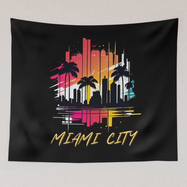 Item preview, MIAMI City, Florida - the graphic design project is a vintage, retro-inspired depiction of tropical Miami beach and palm trees, showcasing the perfect family vacation destination. designed and sold by TourDePassion.