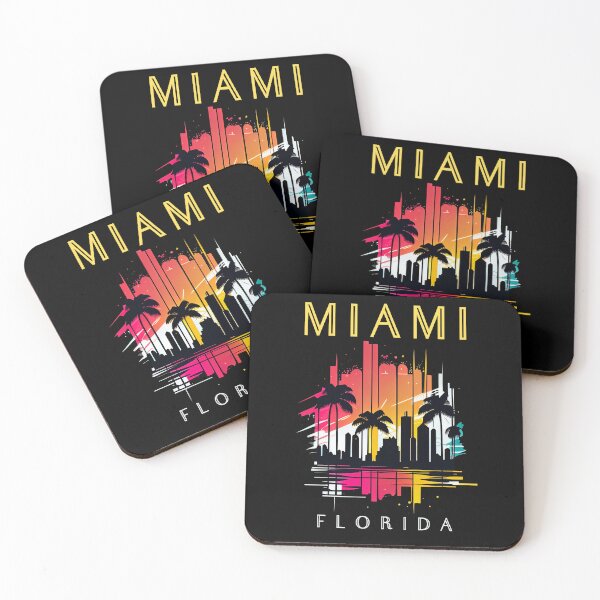 Item preview, Miami, Florida - the graphic design project is a vintage, retro-inspired depiction of tropical Miami beach and palm trees, showcasing the perfect family vacation destination. designed and sold by TourDePassion.