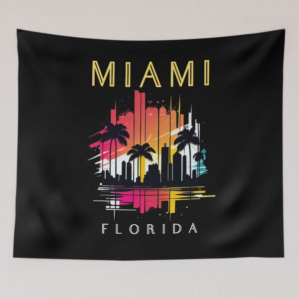 Item preview, Miami, Florida - the graphic design project is a vintage, retro-inspired depiction of tropical Miami beach and palm trees, showcasing the perfect family vacation destination. designed and sold by TourDePassion.