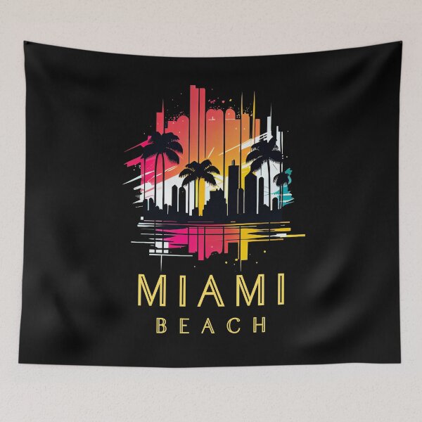 Item preview, Miami Beach, Florida - the graphic design project is a vintage, retro-inspired depiction of tropical Miami beach and palm trees, showcasing the perfect family vacation destination. designed and sold by TourDePassion.
