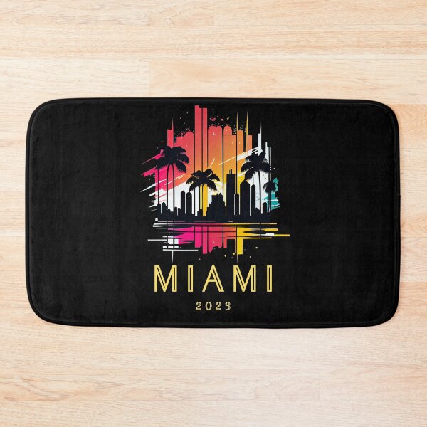 Item preview, Miami 2023, Florida - the graphic design project is a vintage, retro-inspired depiction of tropical Miami beach and palm trees, showcasing the perfect family vacation destination. designed and sold by TourDePassion.