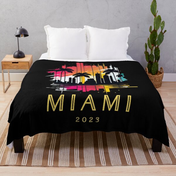 Item preview, Miami 2023, Florida - the graphic design project is a vintage, retro-inspired depiction of tropical Miami beach and palm trees, showcasing the perfect family vacation destination. designed and sold by TourDePassion.
